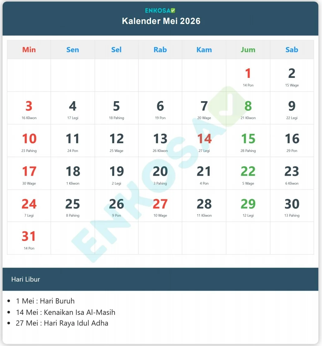 Kalender Mei 2026: Daftar Tanggal Merah dan Jadwal Long Weekend